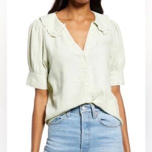 MADEWELL Linen-Blend Peter Pan Collar Shirt in Sunfaded Mint color SIZE 10